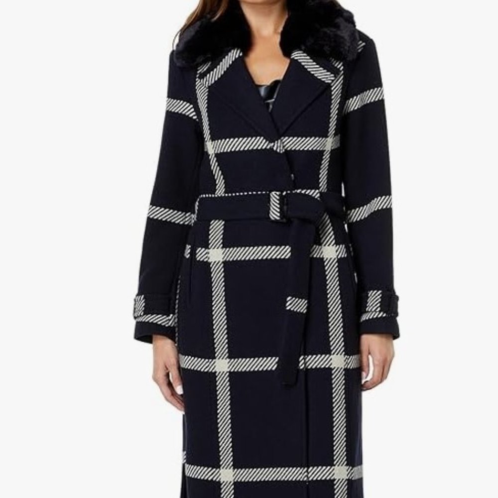 Womens Window Pane Wool Trench Coat - NWT - Black/Grey